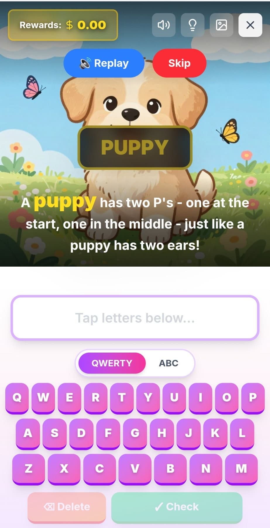 SpellCrush practice session — younger kids spelling PUPPY with AI image aid